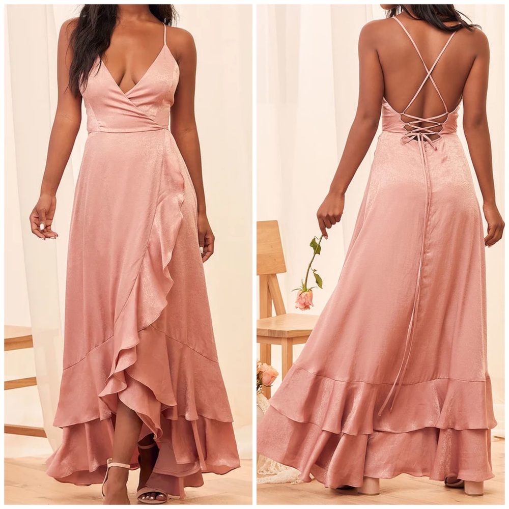 Lulu’s In Love Forever Rose Pink Satin Lace-Up High-Low Maxi Dress Size XL